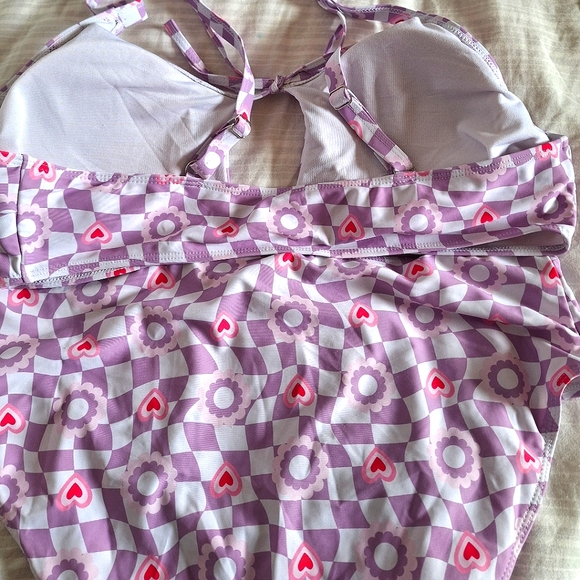 SHEIN 2XL Plaid & Heart Print Tie Front Bikini Swimsuit - Picture 9 of 15